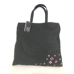 International Concept Embroidered Flower & Beaded Totes Hand Bag Black NWT